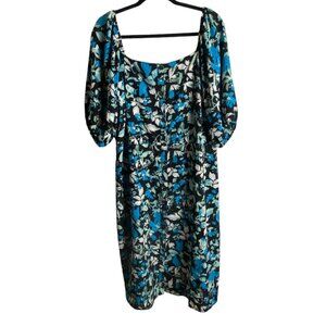 Ophelia Roe Size 1X Midi Dress Dark Floral Button Front Puff Sleeves Blue Black